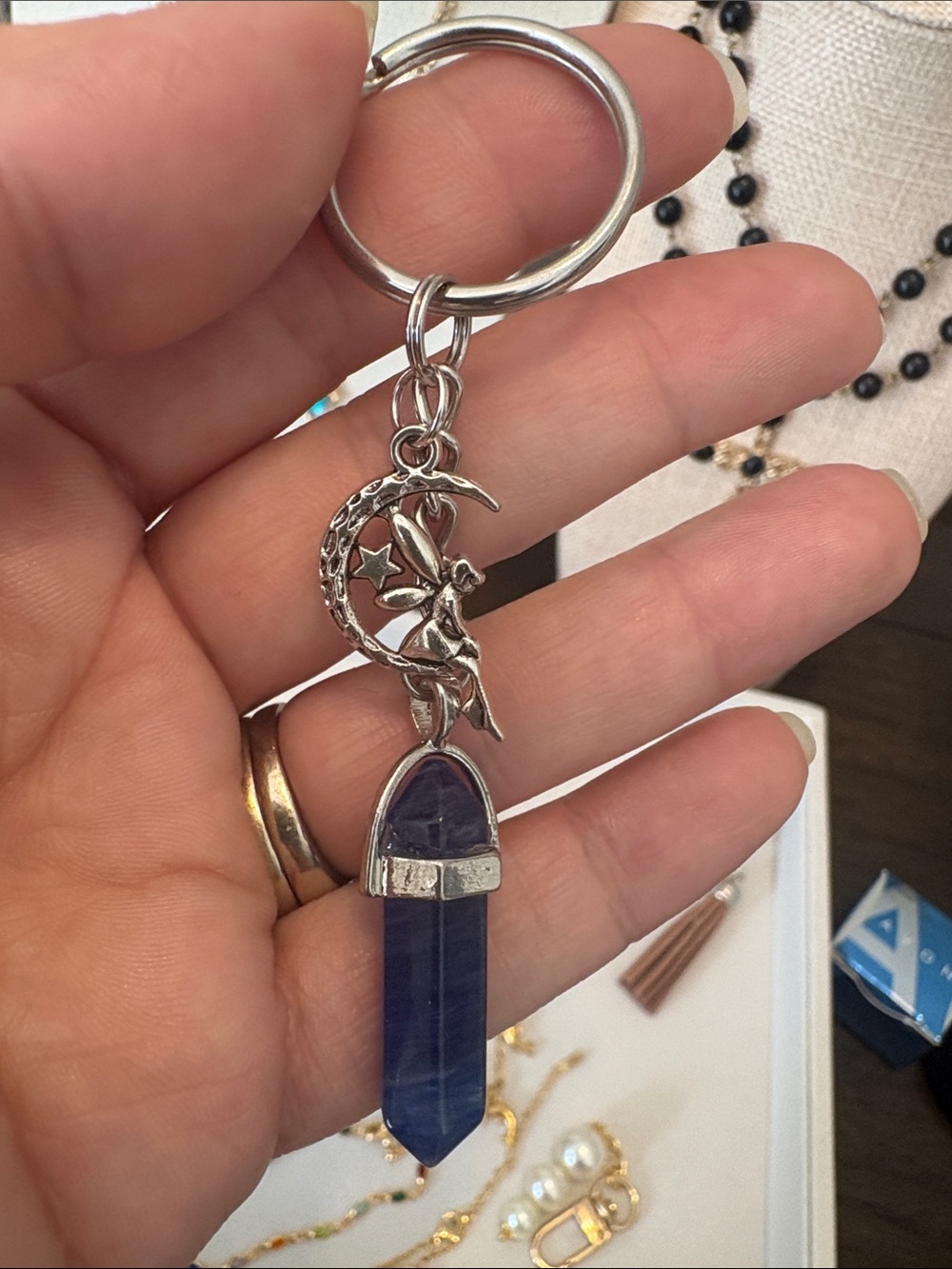 Silver Tone Crystal & Fairy Crescent Moon Keychain